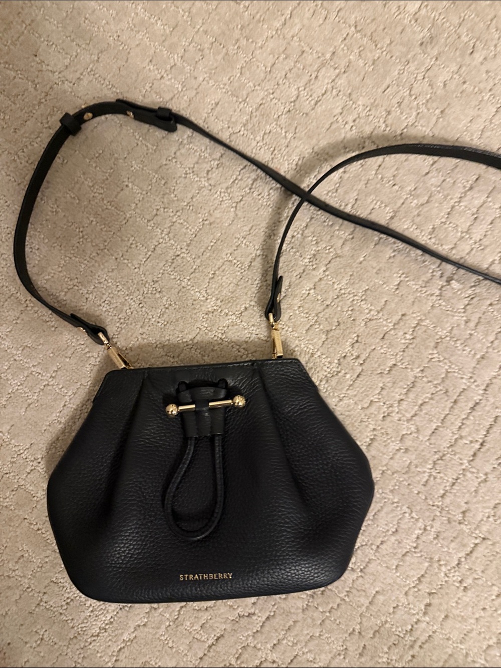 Strathberry Black Pebble Leather Drawstring Crossbody with Gold Hardware